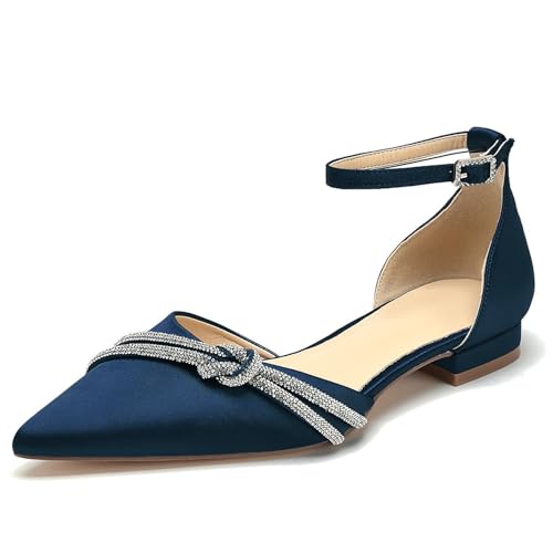 OAUSZC Damen Flache Hochzeitsschuhe Riemen Ballerinas Satin Spitze Zehen Party Brautschuhe,Marine,39 EU von OAUSZC