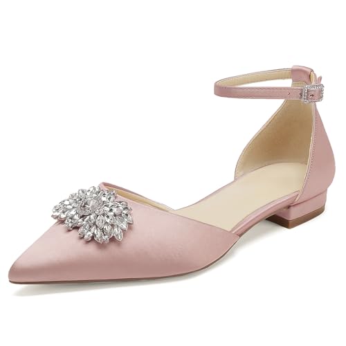 OAUSZC Damen Flache Hochzeitsschuhe Riemen Ballerinas Strass Satin Spitze Zehen Party Brautschuhe,Blush,38 EU von OAUSZC