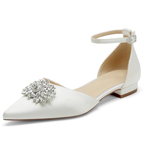OAUSZC Damen Flache Hochzeitsschuhe Riemen Ballerinas Strass Satin Spitze Zehen Party Brautschuhe,Elfenbein,38 EU OAUSZC Damen Flache Hochzeitsschuhe Riemen Ballerinas Strass Satin Spitze Zehen Party Brautschuhe,Elfenbein,38 EU von OAUSZC