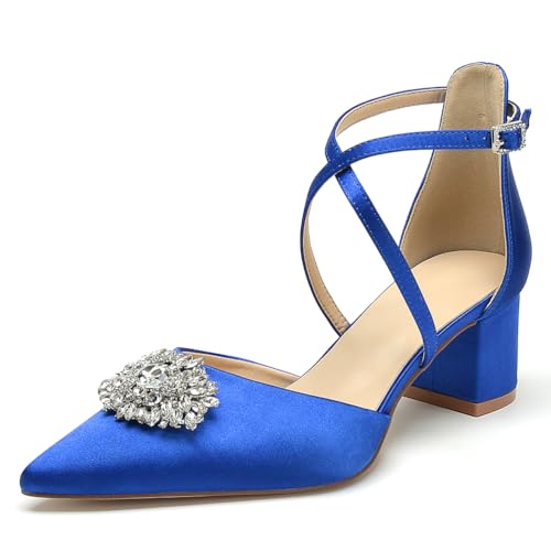 OAUSZC Damen Geschlossener Zehen Pumps Blockabsatz Satin Strass Knöchelriemen Hochzeits Brautschuhe,Blau,41 EU von OAUSZC
