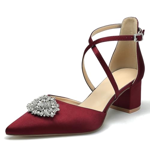 OAUSZC Damen Geschlossener Zehen Pumps Blockabsatz Satin Strass Knöchelriemen Hochzeits Brautschuhe,Burgundy,43 EU von OAUSZC