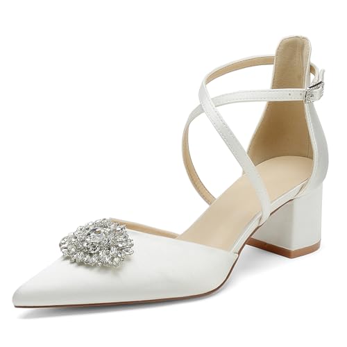 OAUSZC Damen Geschlossener Zehen Pumps Blockabsatz Satin Strass Knöchelriemen Hochzeits Brautschuhe,Elfenbein,42 EU von OAUSZC