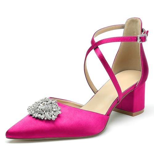 OAUSZC Damen Geschlossener Zehen Pumps Blockabsatz Satin Strass Knöchelriemen Hochzeits Brautschuhe,Fuchsia,40 EU von OAUSZC