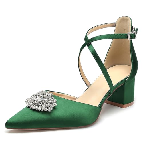 OAUSZC Damen Geschlossener Zehen Pumps Blockabsatz Satin Strass Knöchelriemen Hochzeits Brautschuhe,Grün,38 EU von OAUSZC
