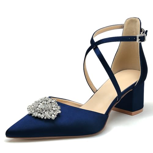 OAUSZC Damen Geschlossener Zehen Pumps Blockabsatz Satin Strass Knöchelriemen Hochzeits Brautschuhe,Marine,37 EU von OAUSZC