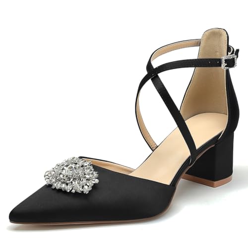 OAUSZC Damen Geschlossener Zehen Pumps Blockabsatz Satin Strass Knöchelriemen Hochzeits Brautschuhe,Schwarz,39 EU von OAUSZC