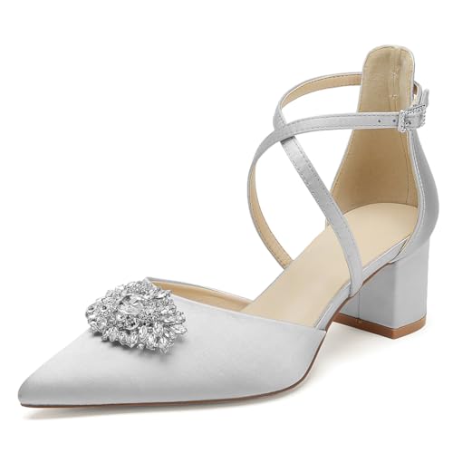 OAUSZC Damen Geschlossener Zehen Pumps Blockabsatz Satin Strass Knöchelriemen Hochzeits Brautschuhe,Silber,38 EU von OAUSZC