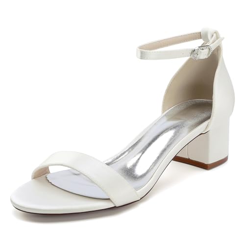 OAUSZC Damen Hochzeit Sandalen Mit Knöchelriemen Niedrigem Blockabsatz Offener Zehen Party Abend Brautschuhe 13091-1,Elfenbein,36 EU von OAUSZC