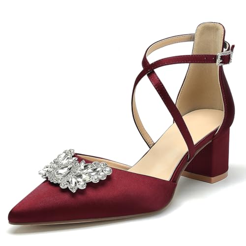OAUSZC Damen Hochzeits Pumps Niedrigem Blockabsatz Satin Strass Kreuzriemen Spitzer Zehen Party Brautschuhe,Burgundy,35 EU von OAUSZC