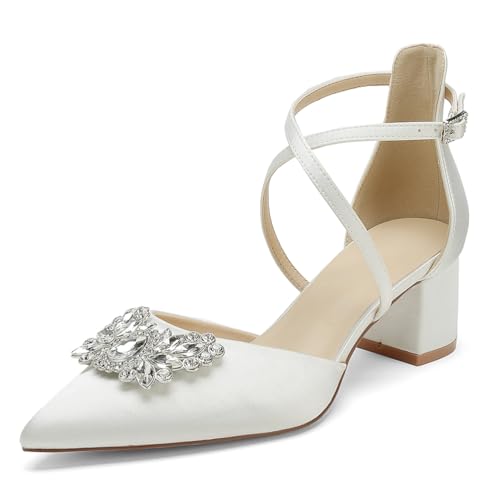 OAUSZC Damen Hochzeits Pumps Niedrigem Blockabsatz Satin Strass Kreuzriemen Spitzer Zehen Party Brautschuhe,Elfenbein,43 EU von OAUSZC