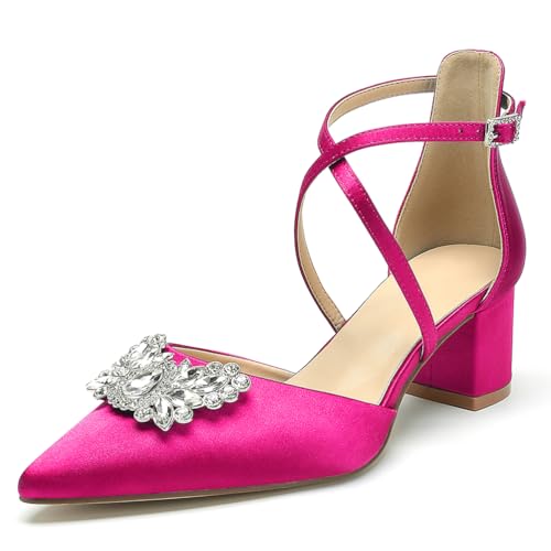 OAUSZC Damen Hochzeits Pumps Niedrigem Blockabsatz Satin Strass Kreuzriemen Spitzer Zehen Party Brautschuhe,Fuchsia,40 EU von OAUSZC