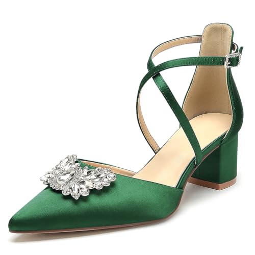 OAUSZC Damen Hochzeits Pumps Niedrigem Blockabsatz Satin Strass Kreuzriemen Spitzer Zehen Party Brautschuhe,Grün,35 EU von OAUSZC