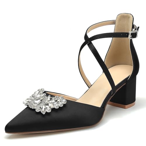OAUSZC Damen Hochzeits Pumps Niedrigem Blockabsatz Satin Strass Kreuzriemen Spitzer Zehen Party Brautschuhe,Schwarz,42 EU von OAUSZC