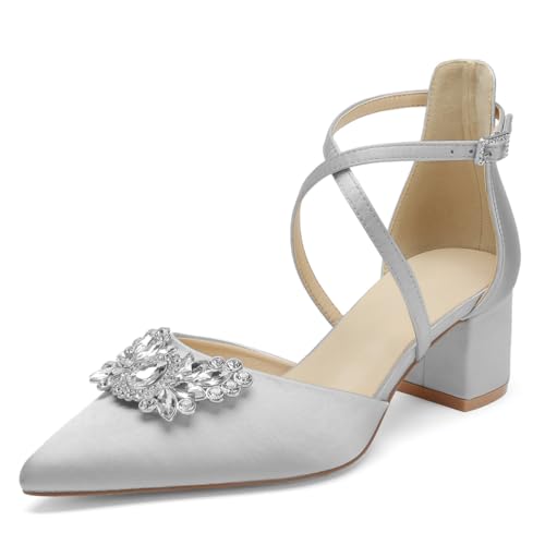 OAUSZC Damen Hochzeits Pumps Niedrigem Blockabsatz Satin Strass Kreuzriemen Spitzer Zehen Party Brautschuhe,Silber,38 EU von OAUSZC