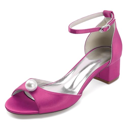 OAUSZC Damen Hochzeits Sandalen Blockabsatz 4,5 cm Knöchelriemen Offener Zehen Perlen Brautschuhe 13091-9ZR,Fuchsia,39 EU von OAUSZC