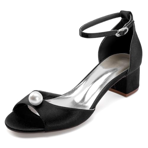 OAUSZC Damen Hochzeits Sandalen Blockabsatz 4,5 cm Knöchelriemen Offener Zehen Perlen Brautschuhe 13091-9ZR,Schwarz,35 EU von OAUSZC