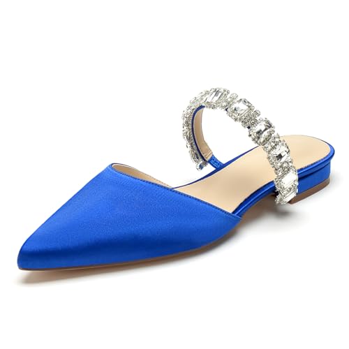 OAUSZC Damen Hochzeitsschuhe Flache Mules Spitze Zehen Riemchen Strass Satin Loafer Flache Brautjungfer Brautschuhe,Blau,42 EU von OAUSZC