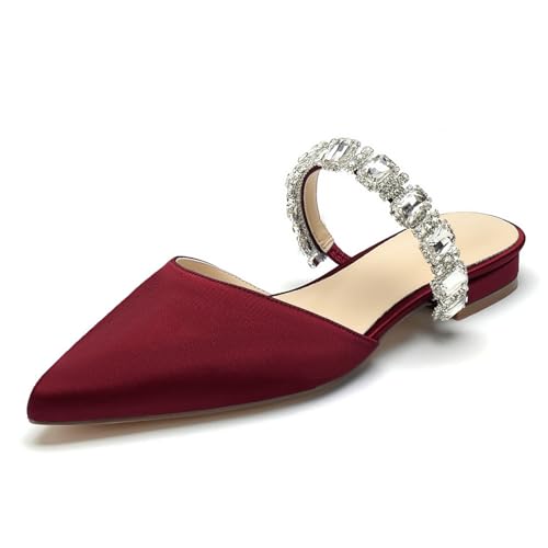 OAUSZC Damen Hochzeitsschuhe Flache Mules Spitze Zehen Riemchen Strass Satin Loafer Flache Brautjungfer Brautschuhe,Burgundy,38 EU von OAUSZC