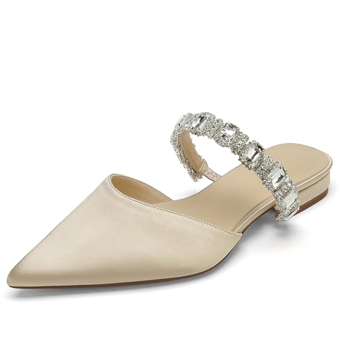 OAUSZC Damen Hochzeitsschuhe Flache Mules Spitze Zehen Riemchen Strass Satin Loafer Flache Brautjungfer Brautschuhe,Champagne,39 EU von OAUSZC