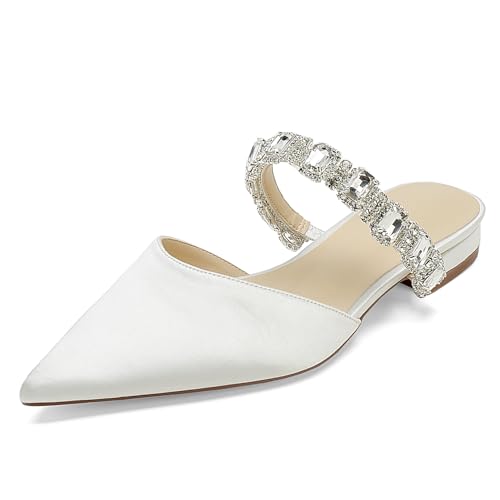 OAUSZC Damen Hochzeitsschuhe Flache Mules Spitze Zehen Riemchen Strass Satin Loafer Flache Brautjungfer Brautschuhe,Elfenbein,38 EU von OAUSZC