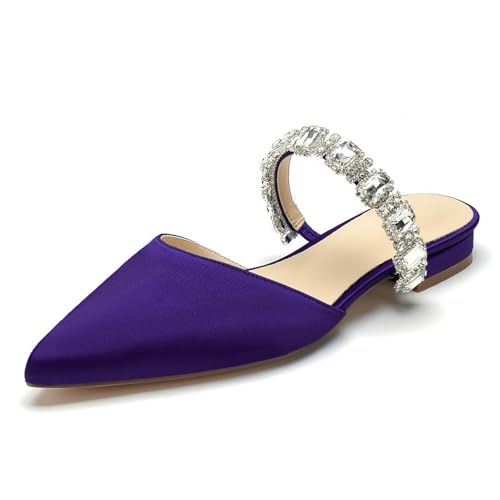 OAUSZC Damen Hochzeitsschuhe Flache Mules Spitze Zehen Riemchen Strass Satin Loafer Flache Brautjungfer Brautschuhe,Lila,42 EU von OAUSZC