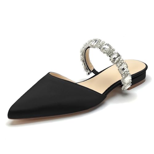 OAUSZC Damen Hochzeitsschuhe Flache Mules Spitze Zehen Riemchen Strass Satin Loafer Flache Brautjungfer Brautschuhe,Schwarz,38 EU von OAUSZC