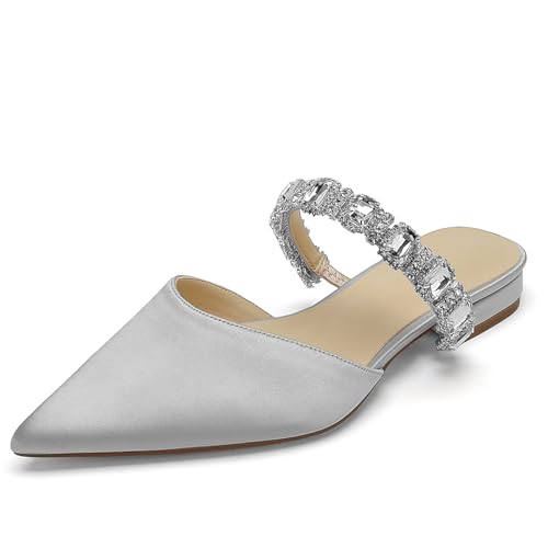 OAUSZC Damen Hochzeitsschuhe Flache Mules Spitze Zehen Riemchen Strass Satin Loafer Flache Brautjungfer Brautschuhe,Silber,37 EU von OAUSZC