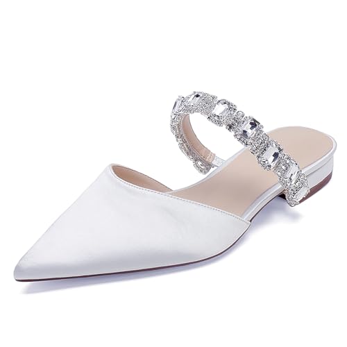 OAUSZC Damen Hochzeitsschuhe Flache Mules Spitze Zehen Riemchen Strass Satin Loafer Flache Brautjungfer Brautschuhe,Weiß,38 EU von OAUSZC