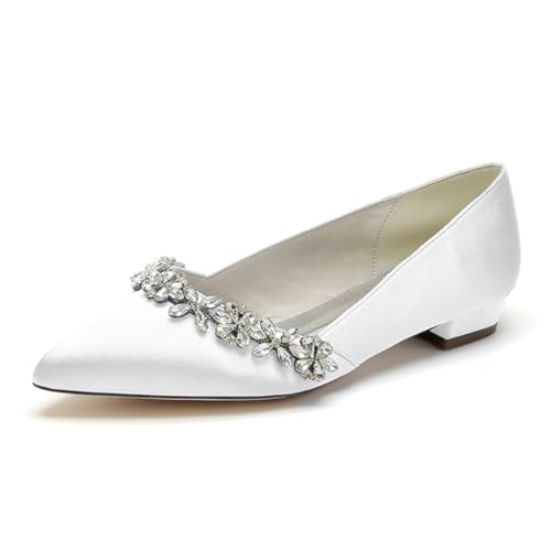 OAUSZC Damen Hochzeitsschuhe Flache Strass Satin Ballerinas Spitze Zehen Party Schuhe,Weiß,35 EU von OAUSZC
