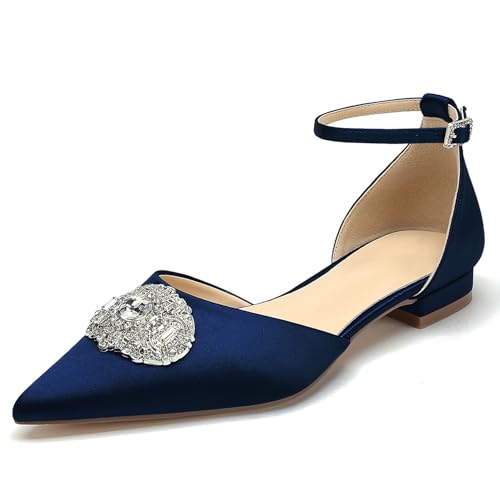 OAUSZC Damen Knöchelriemen Ballerinas Hochzeit Strass Satin Spitze Zehen Flache Brautjungfern Brautschuhe,Marine,42 EU OAUSZC Damen Knöchelriemen Ballerinas Hochzeit Strass Satin Spitze Zehen Flache Brautjungfern Brautschuhe,Marine,42 EU von OAUSZC
