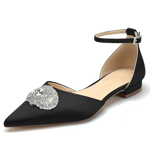 OAUSZC Damen Knöchelriemen Ballerinas Hochzeit Strass Satin Spitze Zehen Flache Brautjungfern Brautschuhe,Schwarz,39 EU OAUSZC Damen Knöchelriemen Ballerinas Hochzeit Strass Satin Spitze Zehen Flache Brautjungfern Brautschuhe,Schwarz,39 EU von OAUSZC
