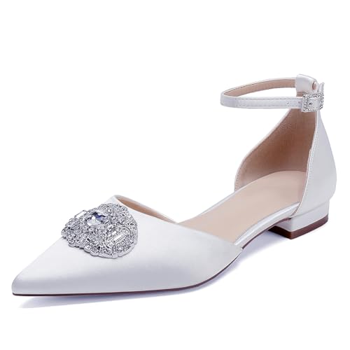 OAUSZC Damen Knöchelriemen Ballerinas Hochzeit Strass Satin Spitze Zehen Flache Brautjungfern Brautschuhe,Weiß,37 EU OAUSZC Damen Knöchelriemen Ballerinas Hochzeit Strass Satin Spitze Zehen Flache Brautjungfern Brautschuhe,Weiß,37 EU von OAUSZC