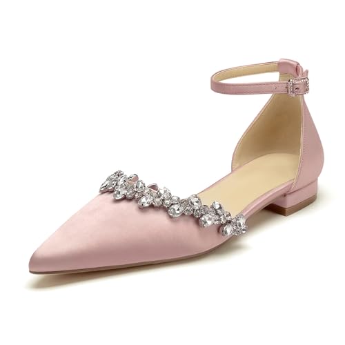 OAUSZC Damen Knöchelriemen Ballerinas Spitze Zehen Satin Strass Flache Brautschuhe Hochzeitsschuhe,Blush,43 EU von OAUSZC