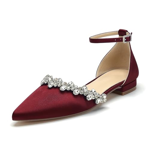 OAUSZC Damen Knöchelriemen Ballerinas Spitze Zehen Satin Strass Flache Brautschuhe Hochzeitsschuhe,Burgundy,35 EU von OAUSZC