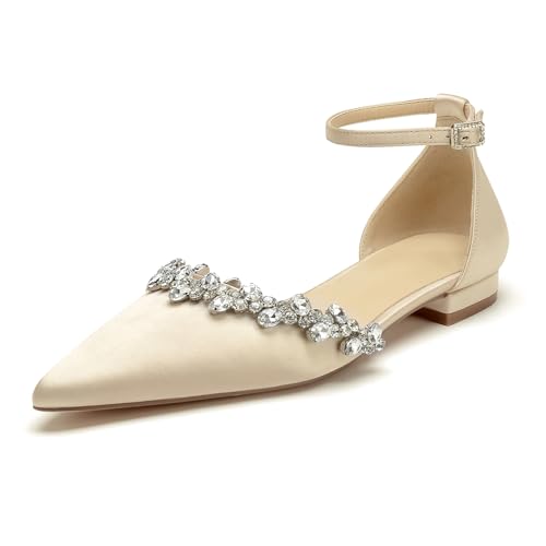 OAUSZC Damen Knöchelriemen Ballerinas Spitze Zehen Satin Strass Flache Brautschuhe Hochzeitsschuhe,Champagne,43 EU von OAUSZC