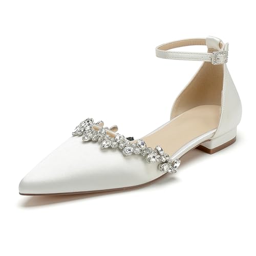 OAUSZC Damen Knöchelriemen Ballerinas Spitze Zehen Satin Strass Flache Brautschuhe Hochzeitsschuhe,Elfenbein,42 EU von OAUSZC