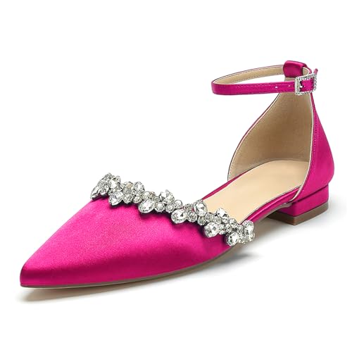 OAUSZC Damen Knöchelriemen Ballerinas Spitze Zehen Satin Strass Flache Brautschuhe Hochzeitsschuhe,Fuchsia,38 EU von OAUSZC