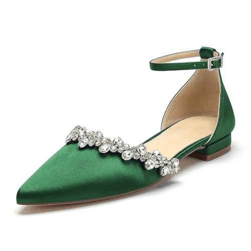 OAUSZC Damen Knöchelriemen Ballerinas Spitze Zehen Satin Strass Flache Brautschuhe Hochzeitsschuhe,Grün,39 EU von OAUSZC