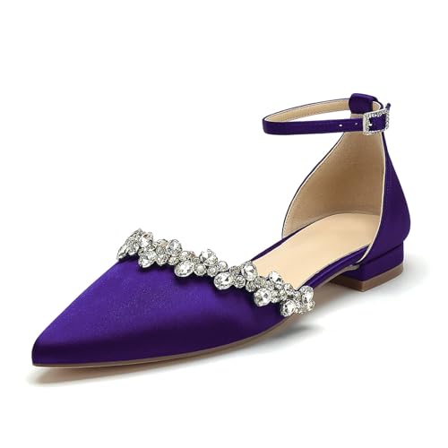 OAUSZC Damen Knöchelriemen Ballerinas Spitze Zehen Satin Strass Flache Brautschuhe Hochzeitsschuhe,Lila,42 EU von OAUSZC