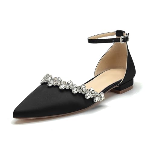 OAUSZC Damen Knöchelriemen Ballerinas Spitze Zehen Satin Strass Flache Brautschuhe Hochzeitsschuhe,Schwarz,35 EU von OAUSZC