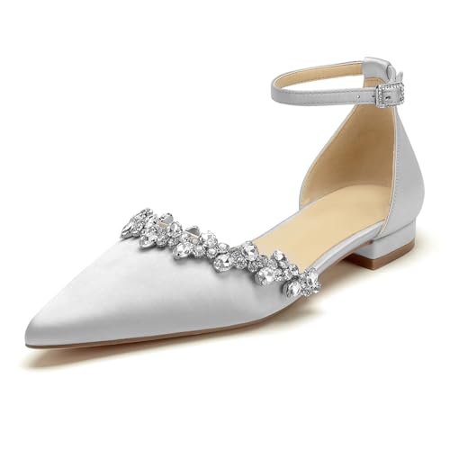 OAUSZC Damen Knöchelriemen Ballerinas Spitze Zehen Satin Strass Flache Brautschuhe Hochzeitsschuhe,Silber,39 EU von OAUSZC