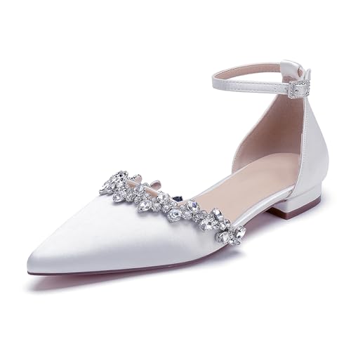 OAUSZC Damen Knöchelriemen Ballerinas Spitze Zehen Satin Strass Flache Brautschuhe Hochzeitsschuhe,Weiß,36 EU von OAUSZC