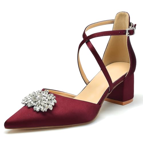 OAUSZC Damen Knöchelriemen Pumps spitzer Zehen niedriger Blockabsatz Hochzeits Brautschuhe mit Strass,Burgundy,36 EU von OAUSZC