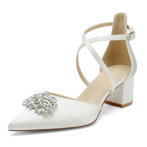 OAUSZC Damen Knöchelriemen Pumps spitzer Zehen niedriger Blockabsatz Hochzeits Brautschuhe mit Strass,Elfenbein,40 EU von OAUSZC