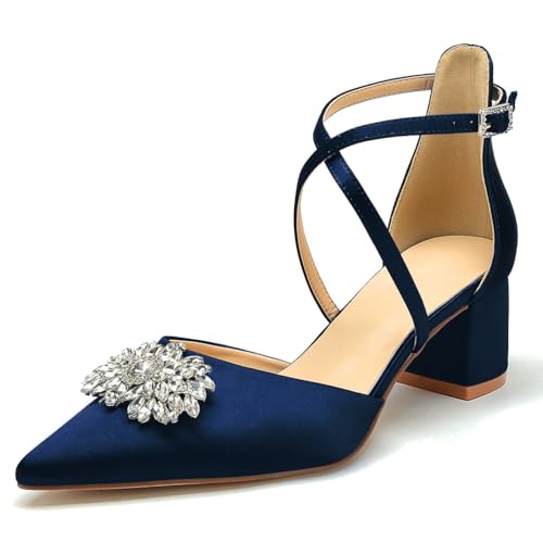 OAUSZC Damen Knöchelriemen Pumps spitzer Zehen niedriger Blockabsatz Hochzeits Brautschuhe mit Strass,Marine,35 EU von OAUSZC