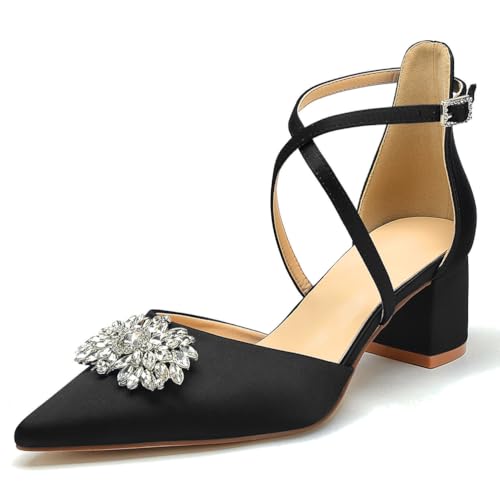OAUSZC Damen Knöchelriemen Pumps spitzer Zehen niedriger Blockabsatz Hochzeits Brautschuhe mit Strass,Schwarz,40 EU von OAUSZC