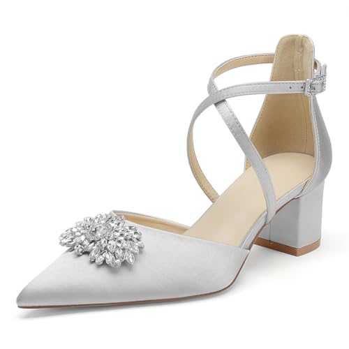 OAUSZC Damen Knöchelriemen Pumps spitzer Zehen niedriger Blockabsatz Hochzeits Brautschuhe mit Strass,Silber,37 EU von OAUSZC