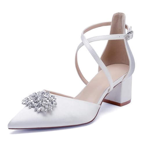 OAUSZC Damen Knöchelriemen Pumps spitzer Zehen niedriger Blockabsatz Hochzeits Brautschuhe mit Strass,Weiß,42 EU von OAUSZC