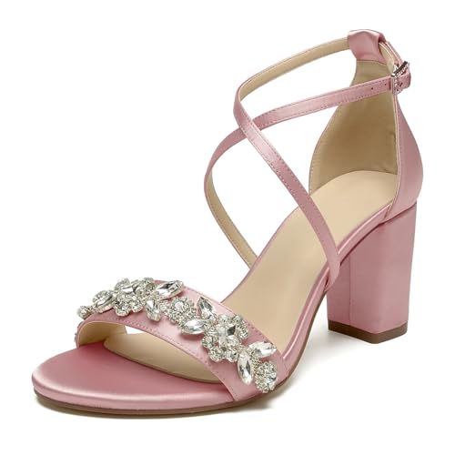 OAUSZC Damen Offene Zehen Brautschuhe Blockabsatz Knöchelriemen Satin Abend Hochzeitsschuhe,Blush,36 EU von OAUSZC