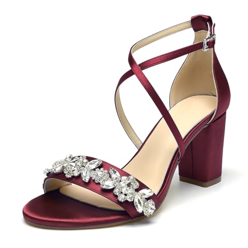 OAUSZC Damen Offene Zehen Brautschuhe Blockabsatz Knöchelriemen Satin Abend Hochzeitsschuhe,Burgundy,38 EU von OAUSZC